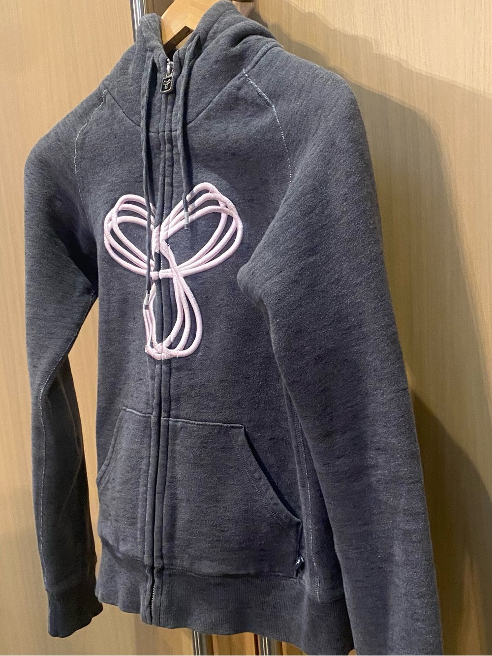 TNA Charcoal Gray Zip-Up Hoodie Sweater with Pink Embroidery